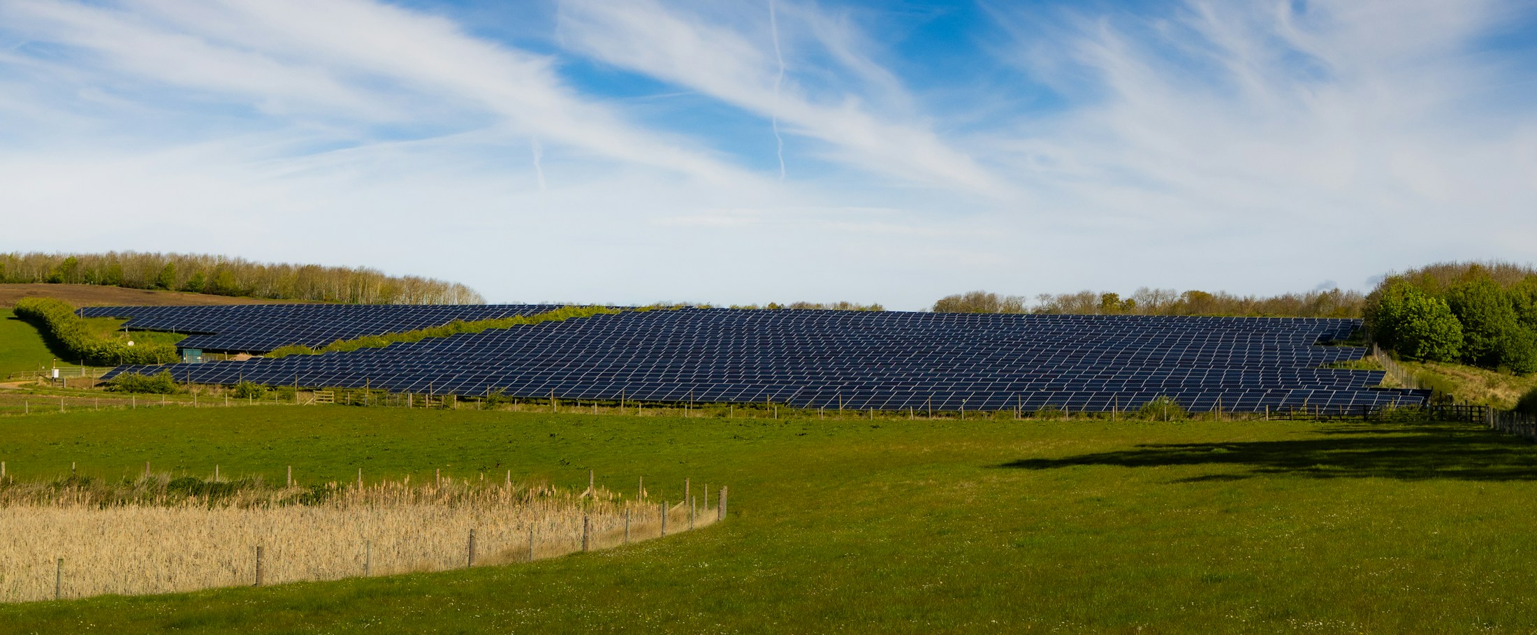 Solar panels across a field under a bright sky